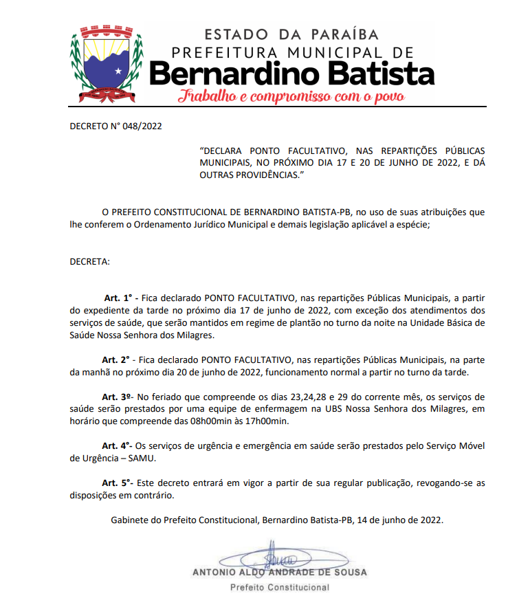 Bernardino Batista decreta feriados no período junino e ponto facultativo nas repartições